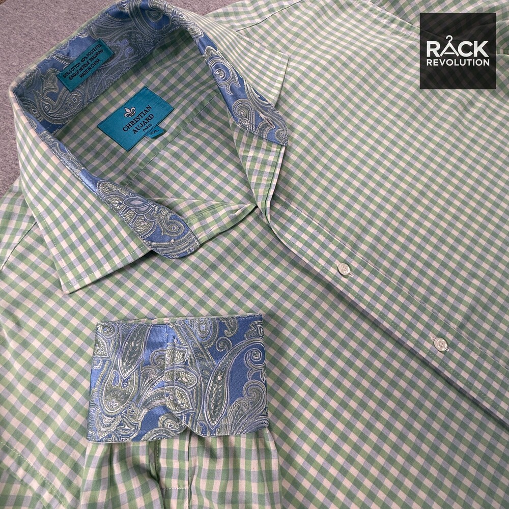 Christian Aujard Paris Green Gingham Paisley Trim Button-Up Shirt - Size 3XL